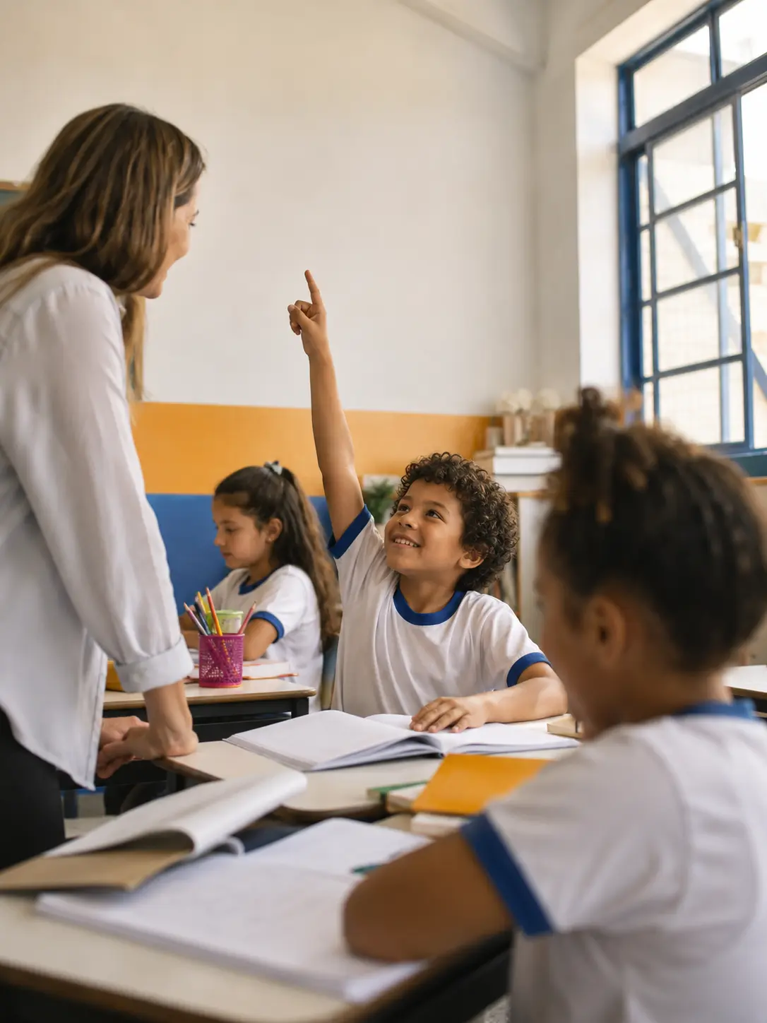Criança levantando a mão em sala de aula.