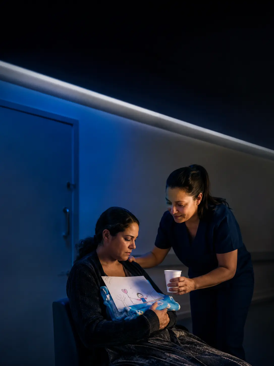 Profissional de saúde confortando mulher em ambiente hospitalar.