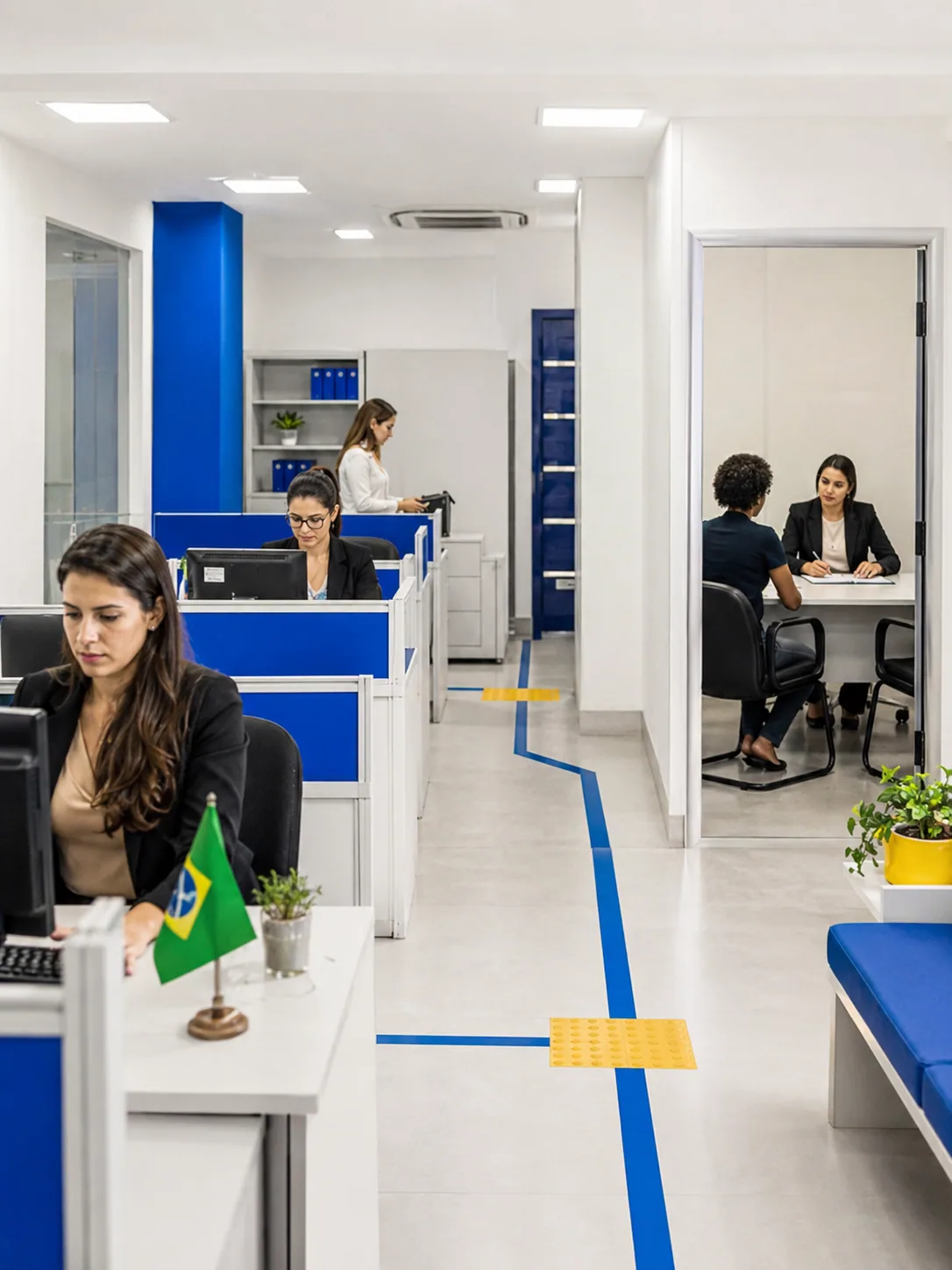 Equipe trabalhando em escritório amplo do mandato.