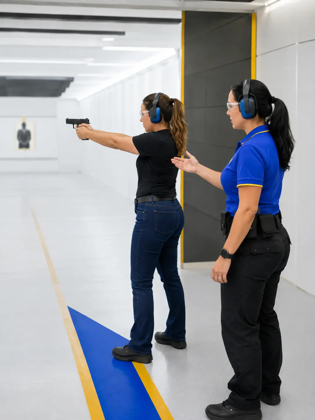 Mulher em treinamento de tiro acompanhada por instrutor.