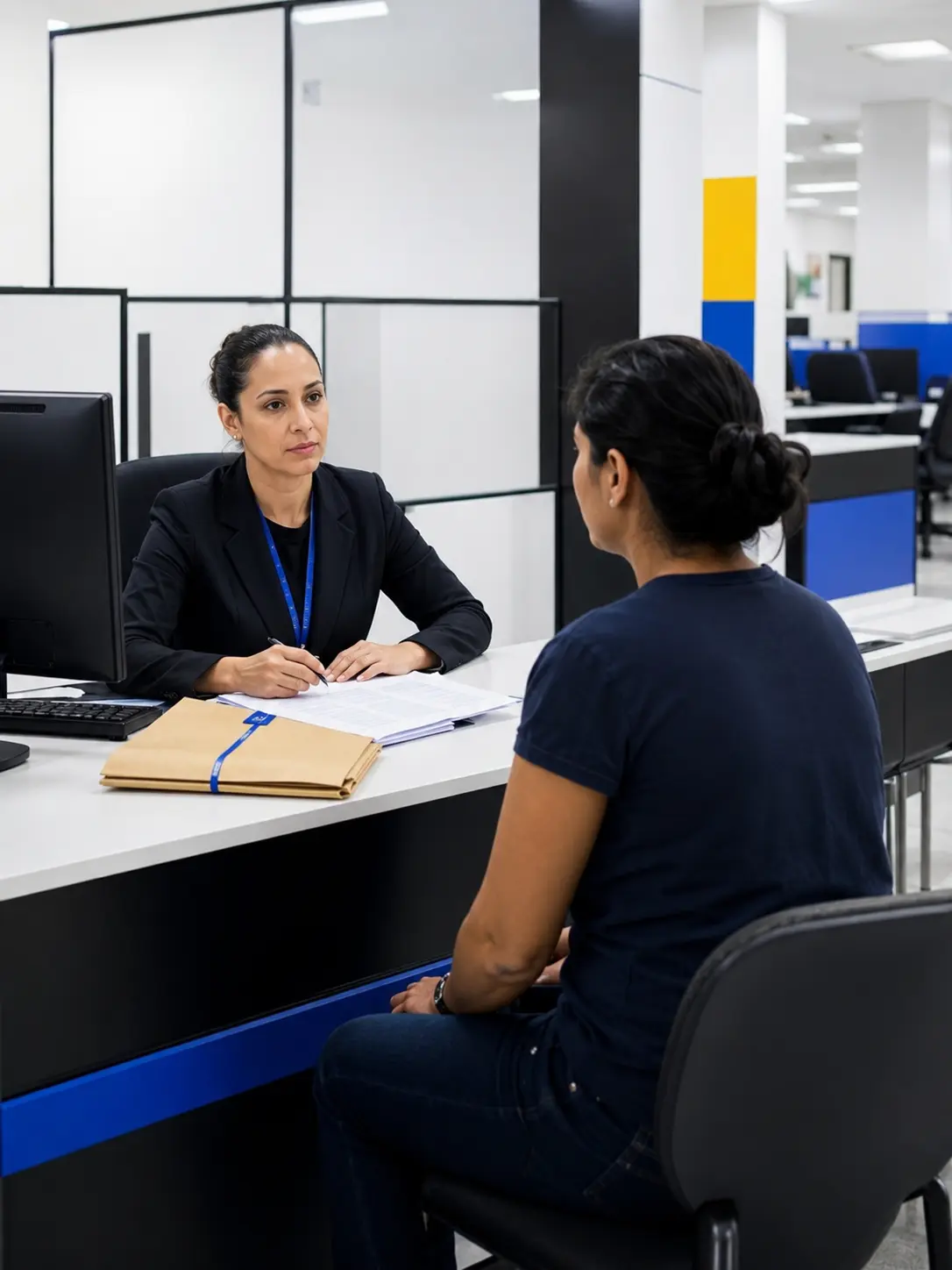 Atendimento administrativo entre duas mulheres.