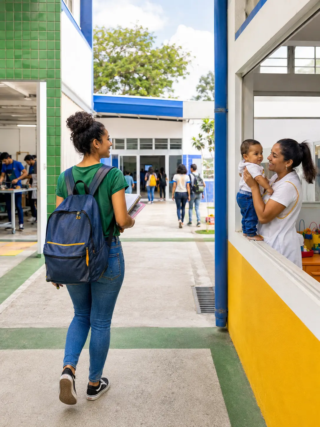 Estudante com mochila observa cuidadora com bebê pela janela da escola.