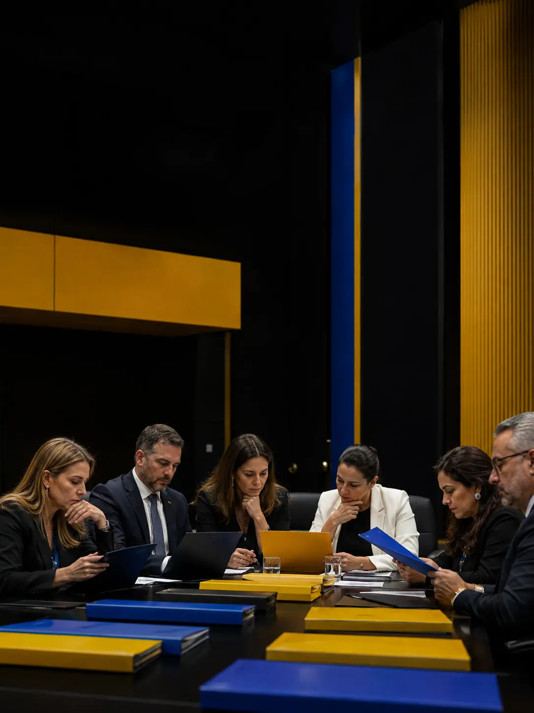 Reunião formal em torno de mesa com processos e pastas.