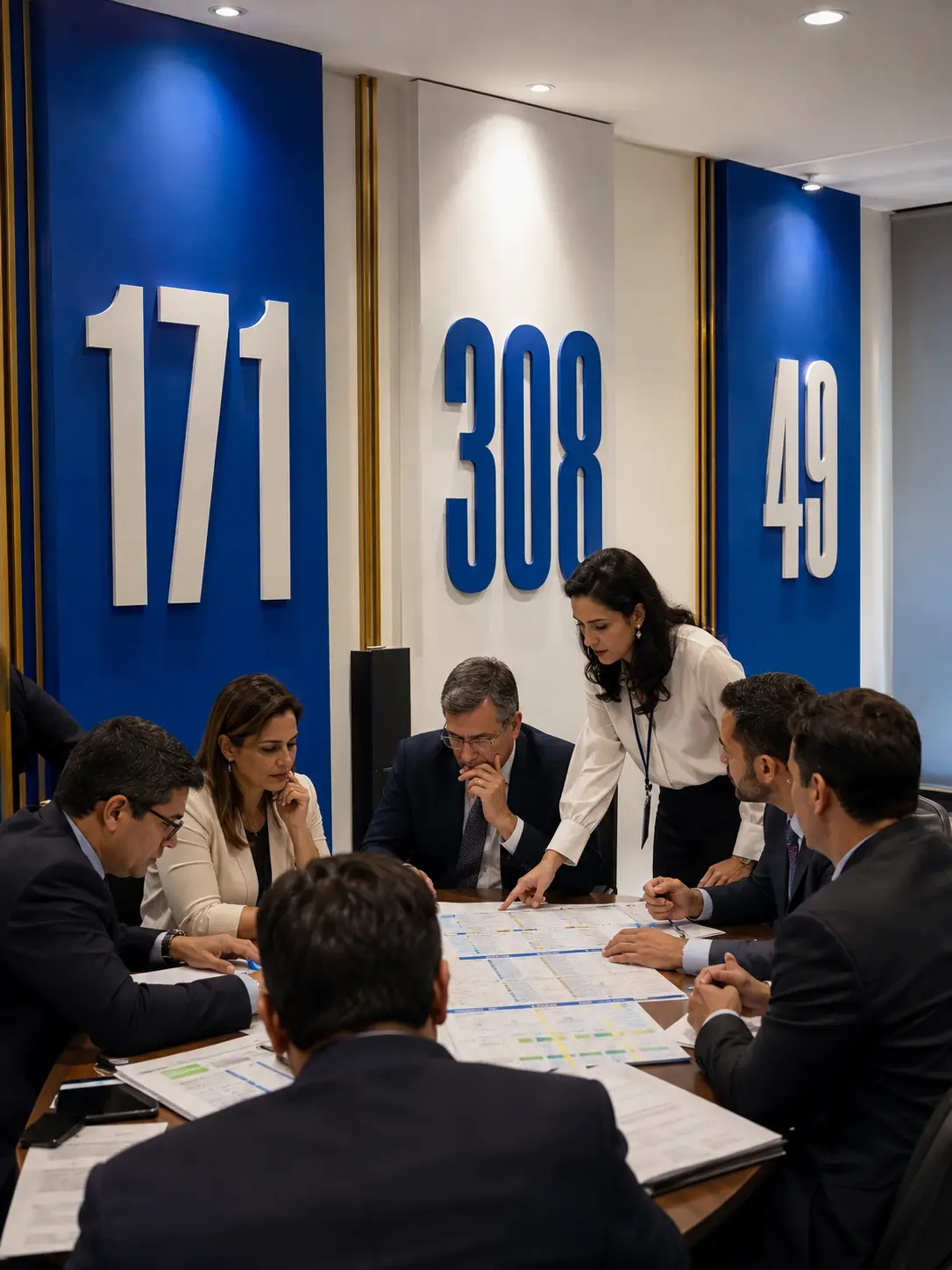 Reunião técnica em sala onde aparecem os números 171, 308 e 49.
