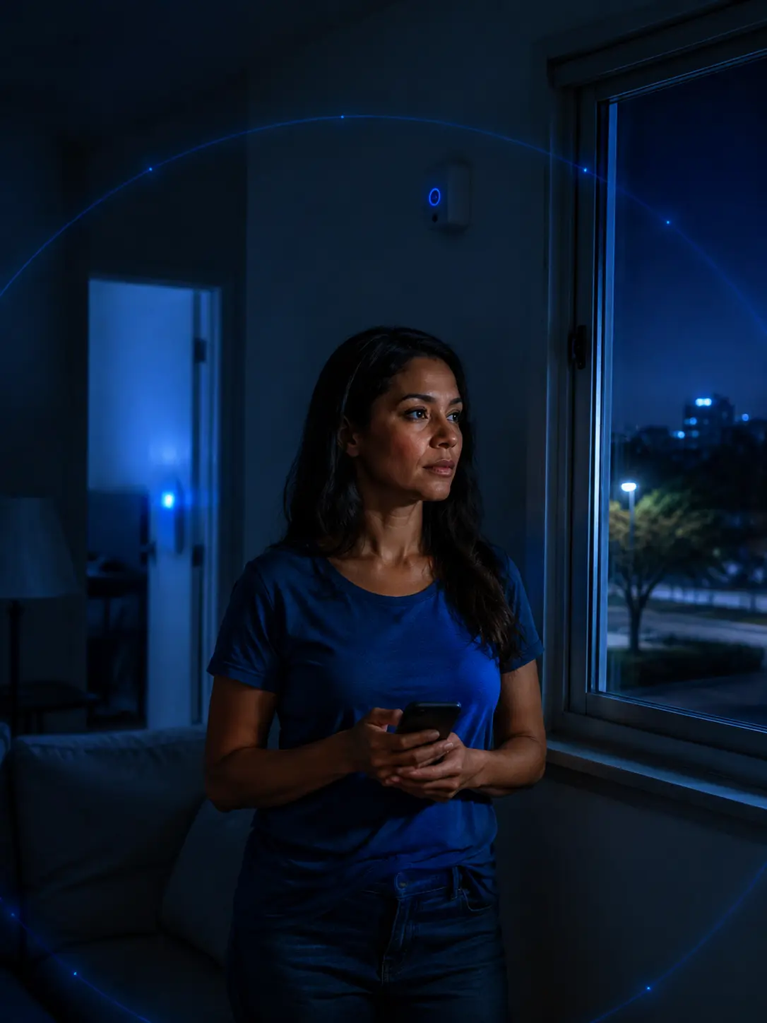 Mulher com celular na mão observa a janela durante a noite.