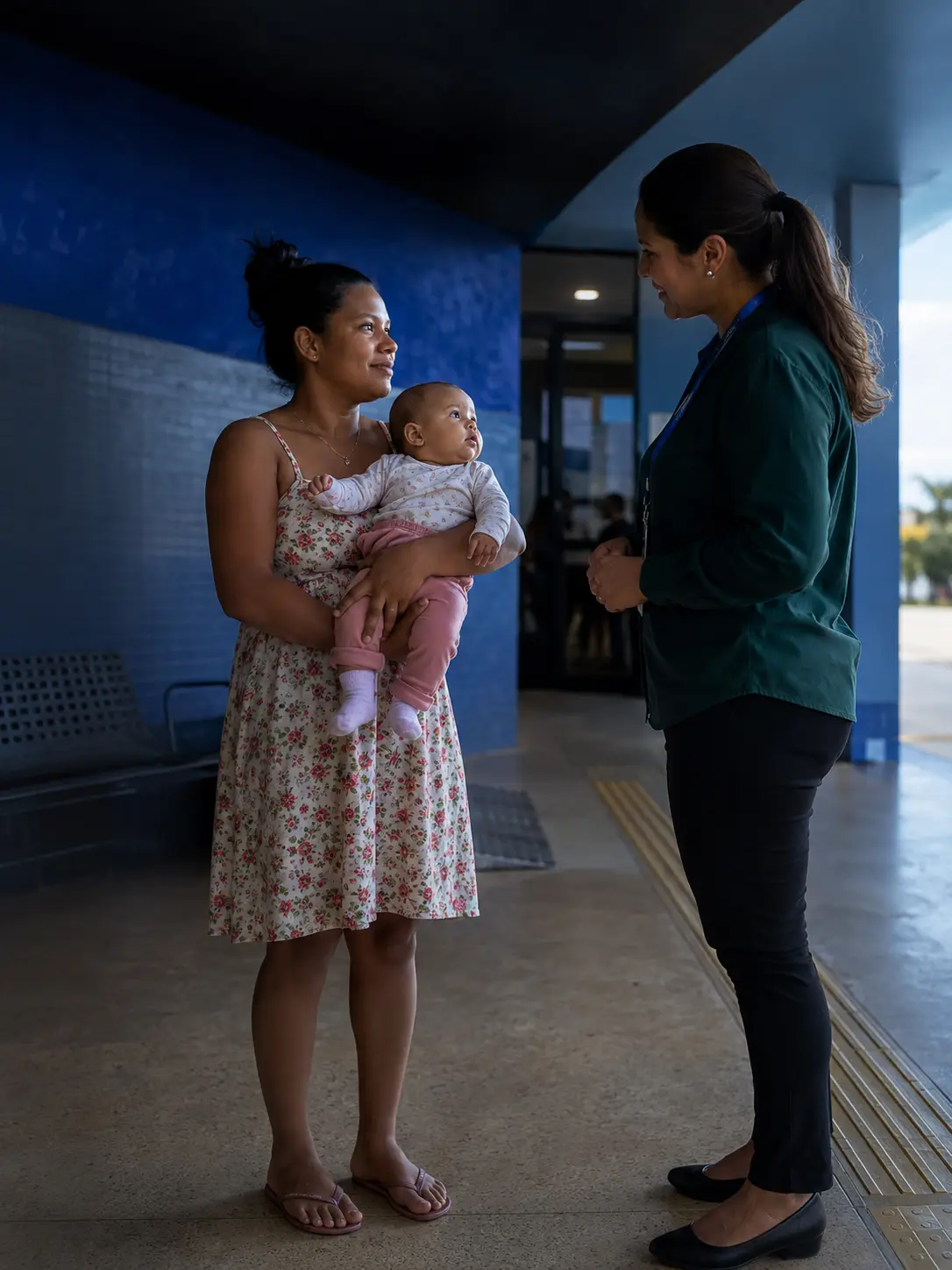 Mãe com bebê no colo sendo acolhida por profissional da rede de proteção.