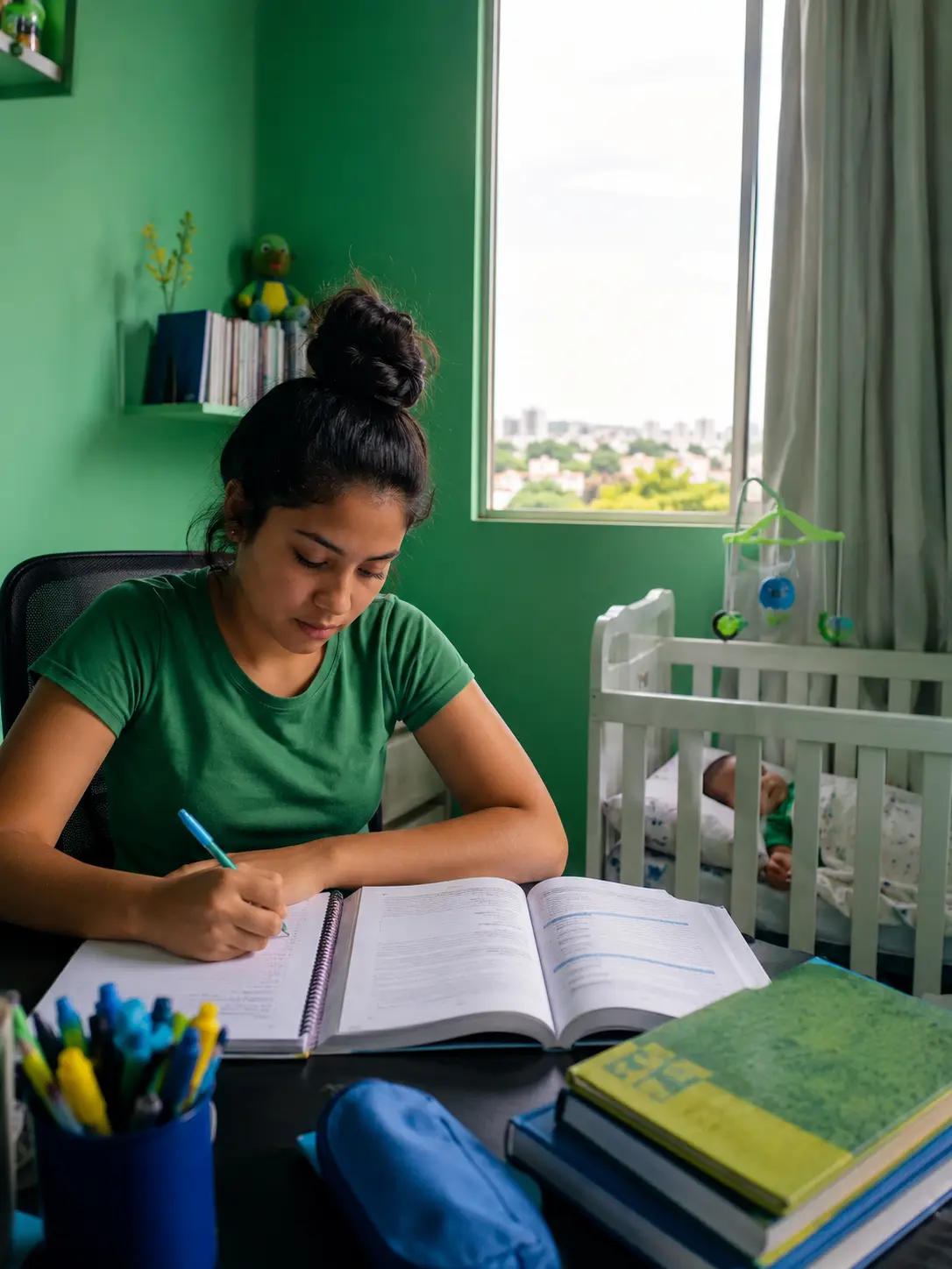Jovem mãe estudando ao lado do berço do filho.