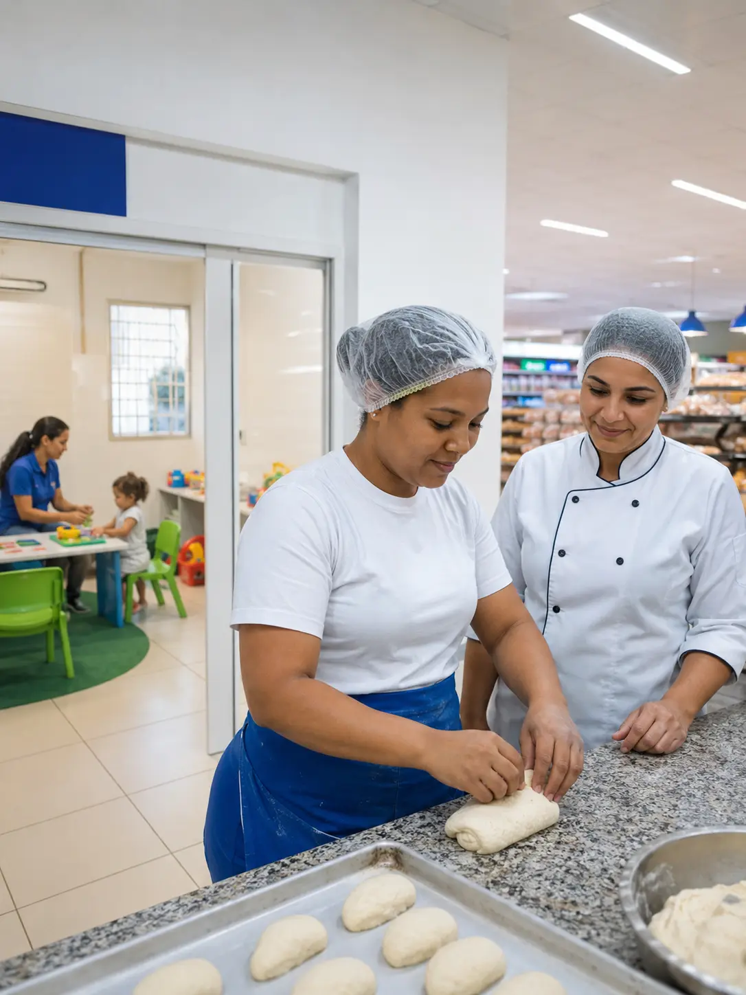 Duas mulheres trabalhando na produção de pães.