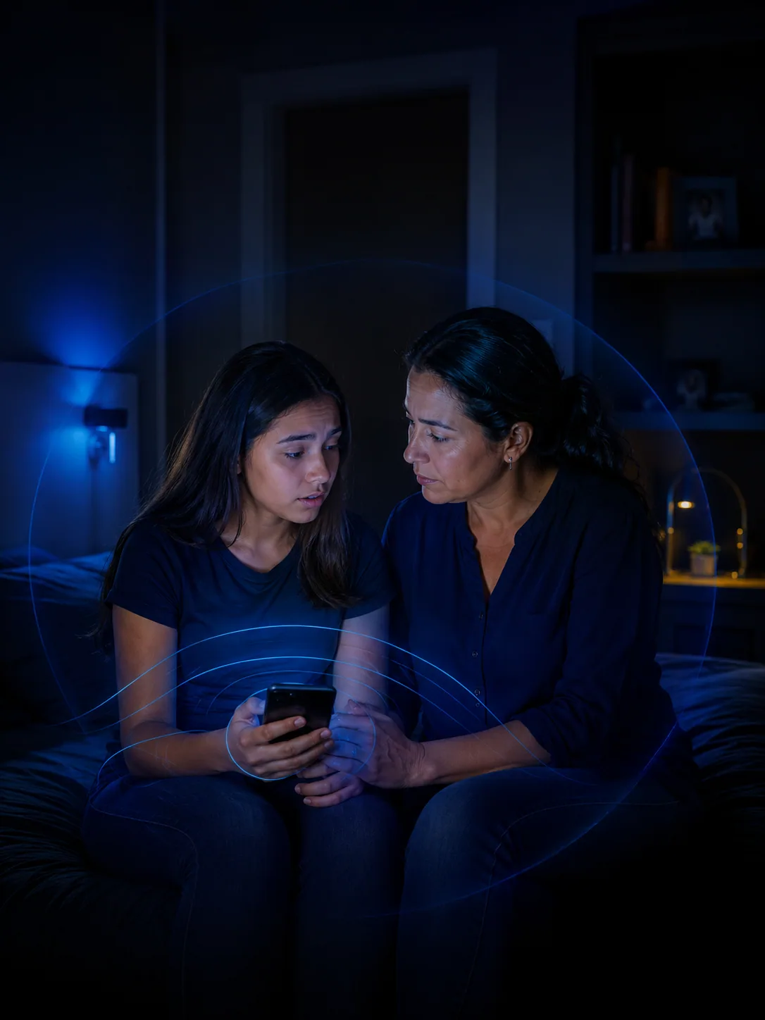Mãe e filha conversando sobre o uso do celular à noite.