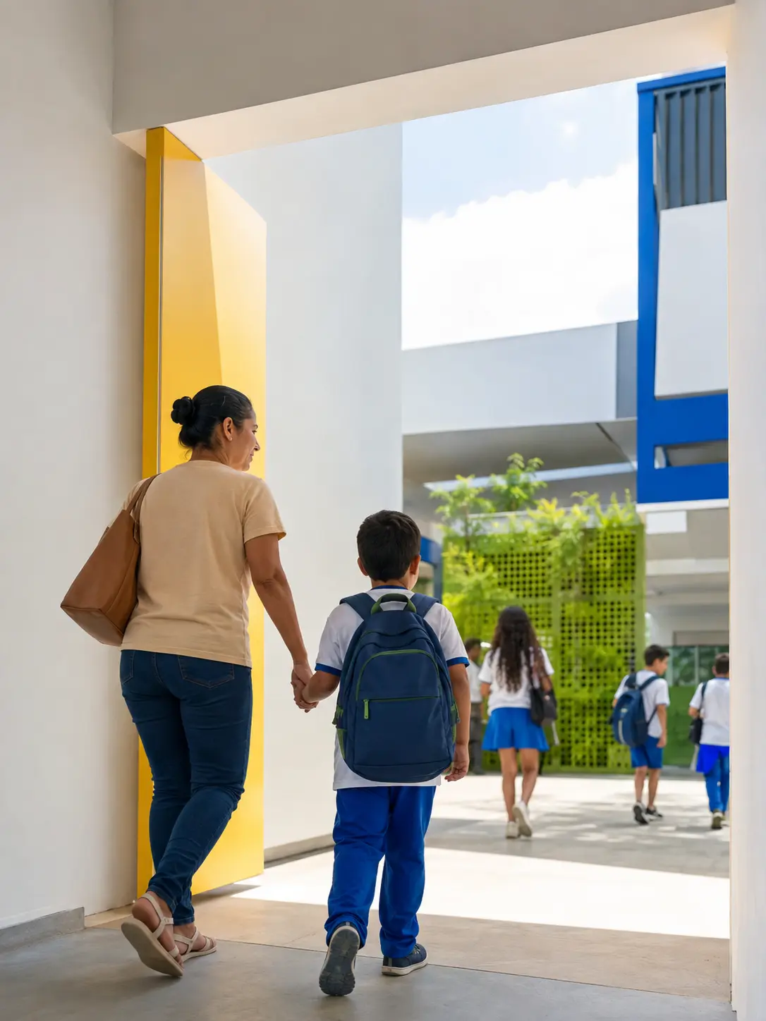 Mãe e filho entrando juntos na escola.